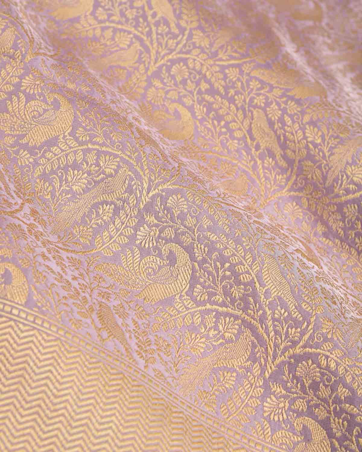 Wisteria Mauve Gold Zari Peacock & Sparrow Shikargah Brocade Handwoven Katan Silk Banarasi Saree-HolyWeaves