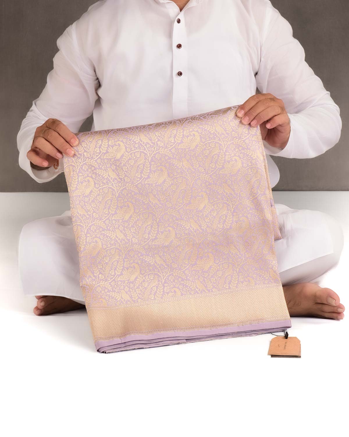 Wisteria Mauve Gold Zari Peacock & Sparrow Shikargah Brocade Handwoven Katan Silk Banarasi Saree-HolyWeaves