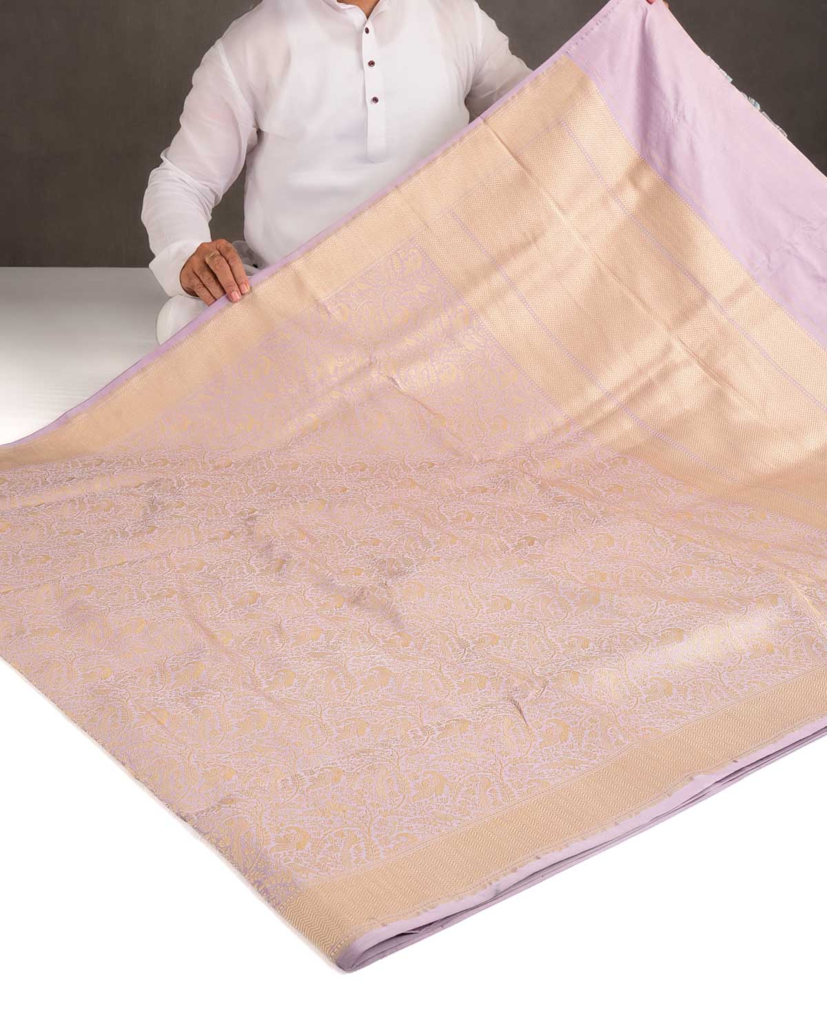 Wisteria Mauve Gold Zari Peacock & Sparrow Shikargah Brocade Handwoven Katan Silk Banarasi Saree-HolyWeaves