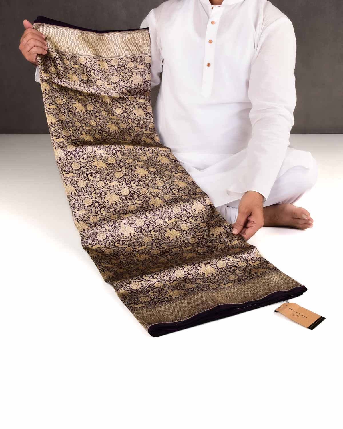 Purple Banarasi Elephant Deer Peacock & Maharaja Shikargah Brocade Handwoven Katan Silk Saree-HolyWeaves