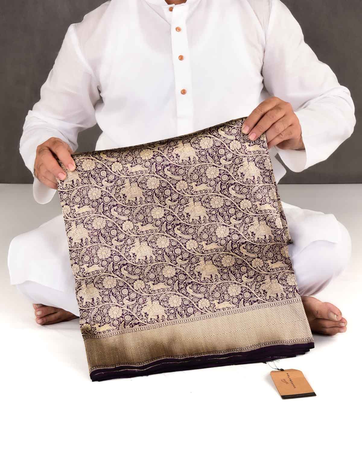Purple Banarasi Elephant Deer Peacock & Maharaja Shikargah Brocade Handwoven Katan Silk Saree-HolyWeaves