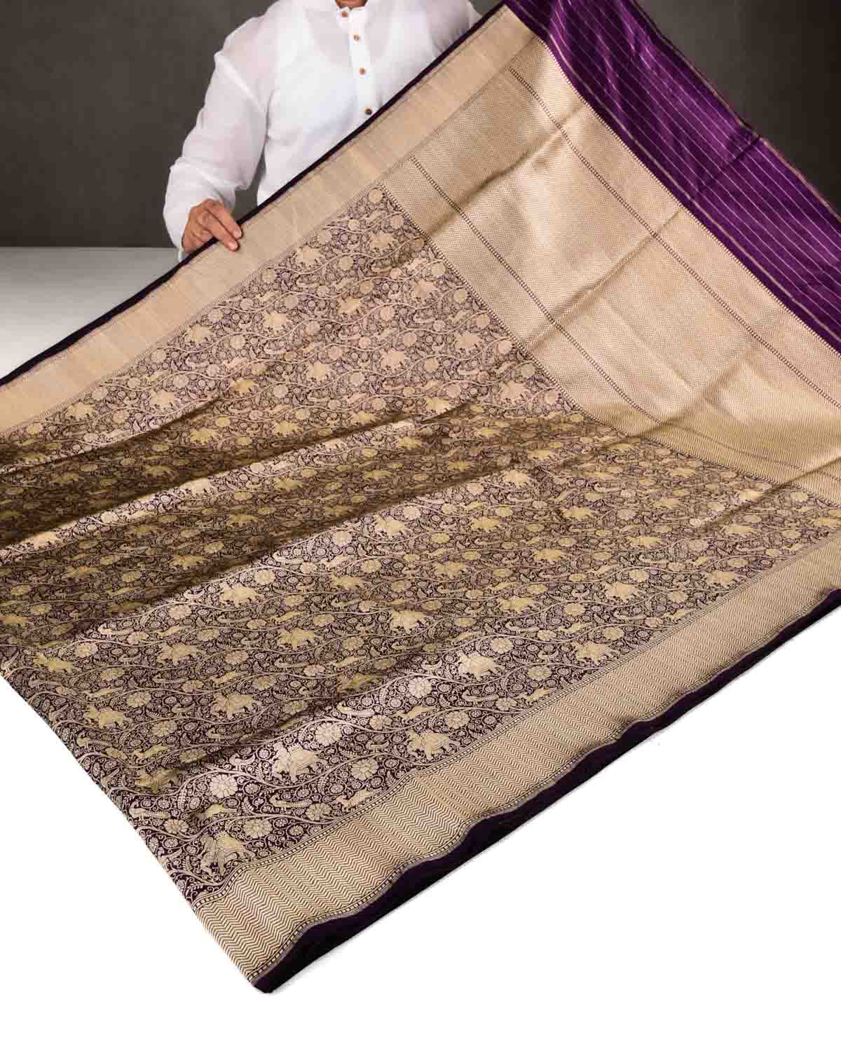 Purple Banarasi Elephant Deer Peacock & Maharaja Shikargah Brocade Handwoven Katan Silk Saree-HolyWeaves