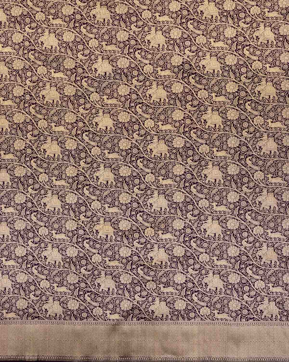 Purple Banarasi Elephant Deer Peacock & Maharaja Shikargah Brocade Handwoven Katan Silk Saree-HolyWeaves