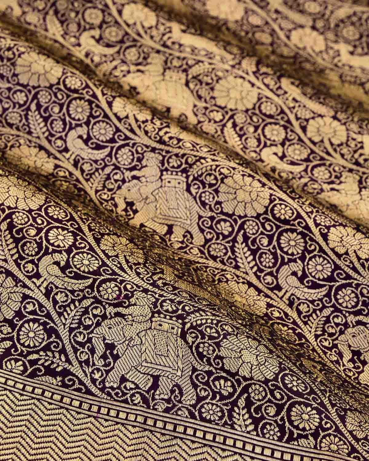 Purple Banarasi Elephant Deer Peacock & Maharaja Shikargah Brocade Handwoven Katan Silk Saree-HolyWeaves