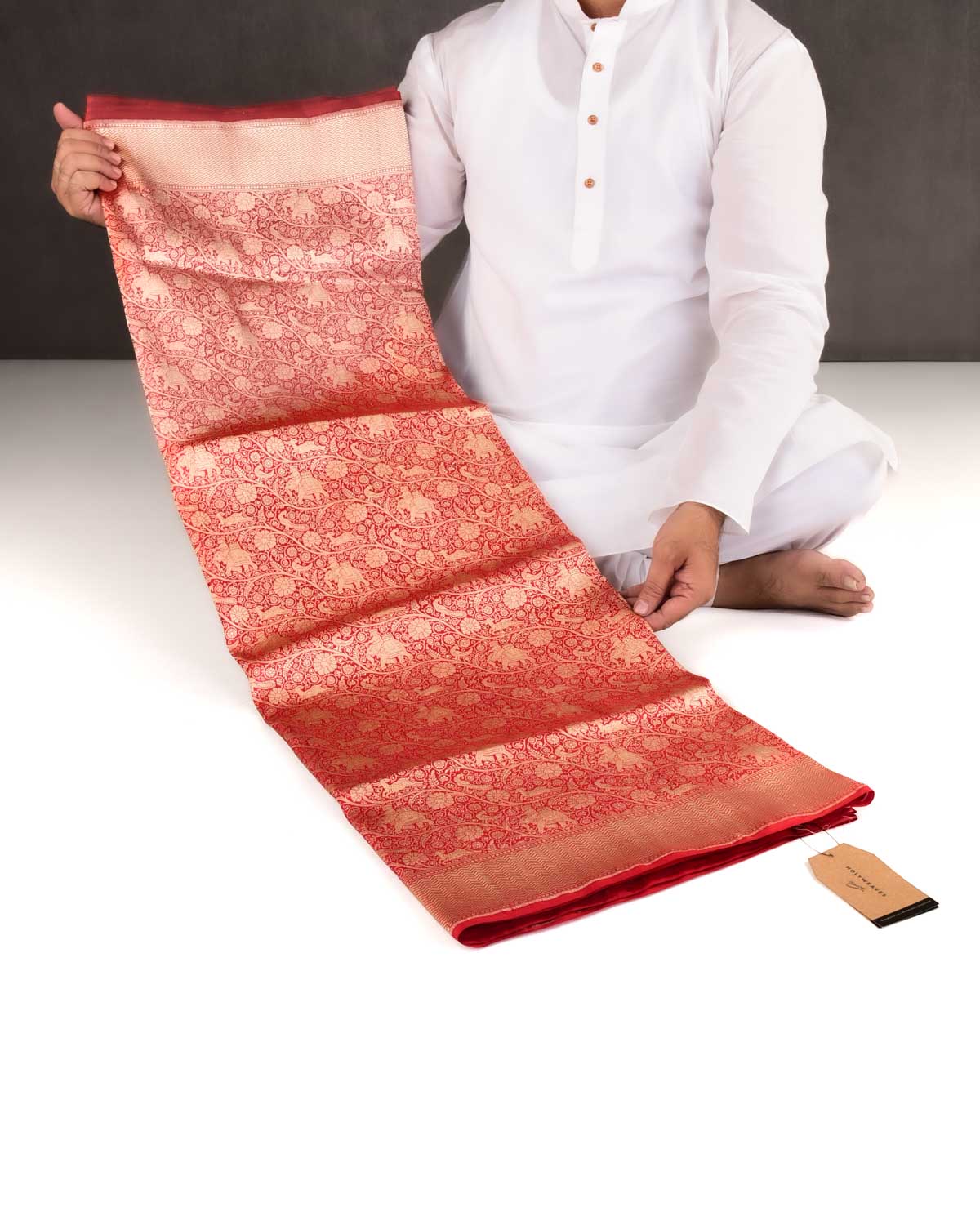 Red Banarasi Elephant Deer Peacock & Maharaja Shikargah Brocade Handwoven Katan Silk Saree-HolyWeaves
