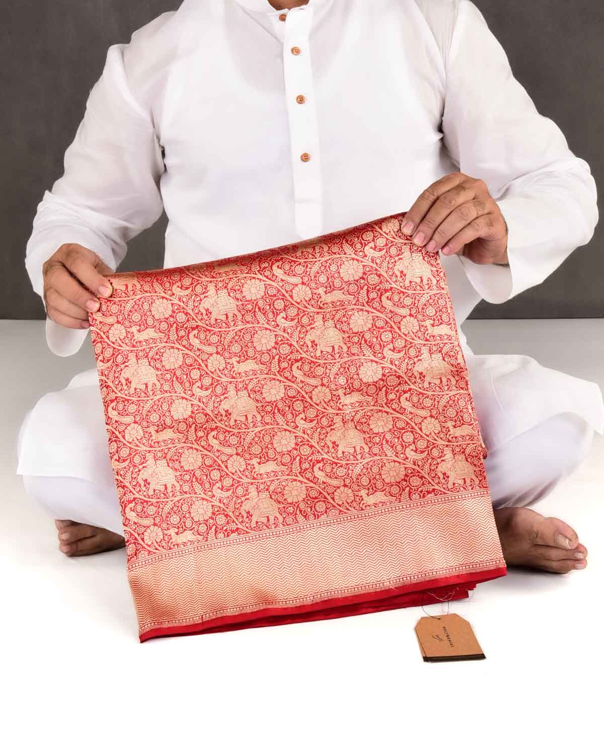 Red Banarasi Elephant Deer Peacock & Maharaja Shikargah Brocade Handwoven Katan Silk Saree-HolyWeaves