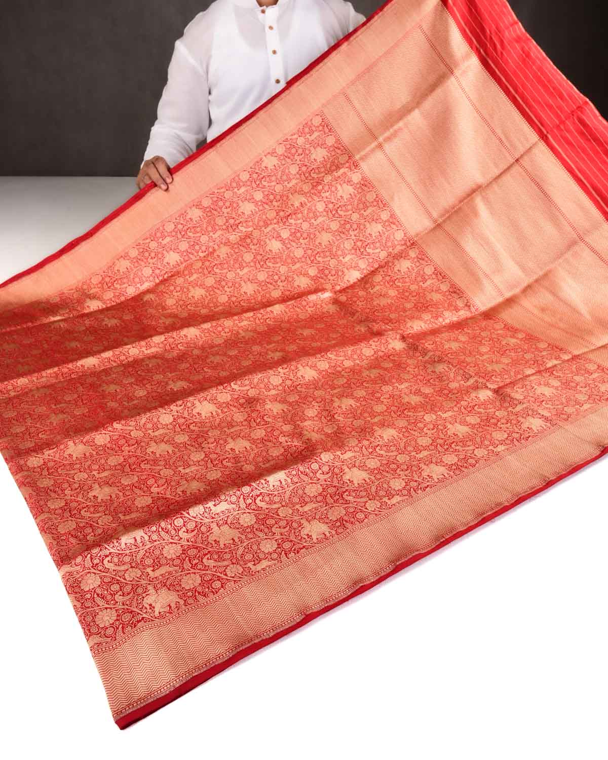 Red Banarasi Elephant Deer Peacock & Maharaja Shikargah Brocade Handwoven Katan Silk Saree-HolyWeaves