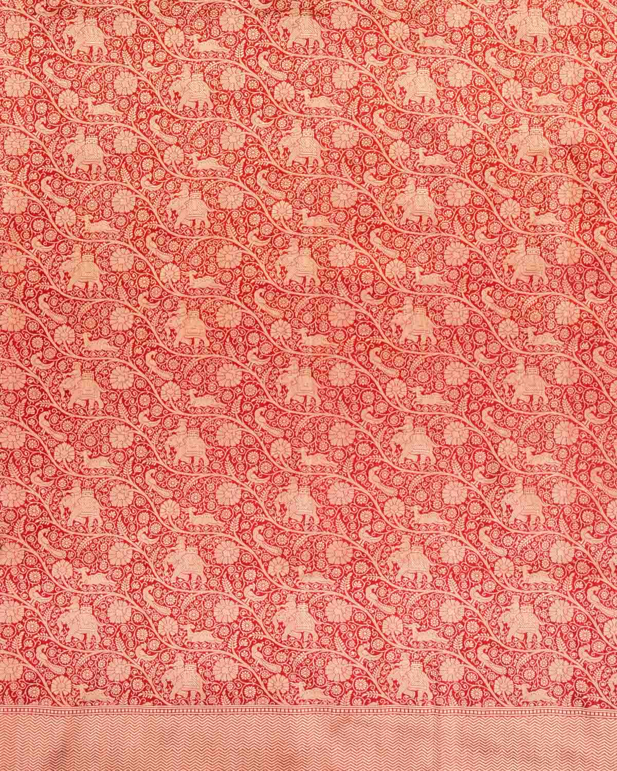 Red Banarasi Elephant Deer Peacock & Maharaja Shikargah Brocade Handwoven Katan Silk Saree-HolyWeaves