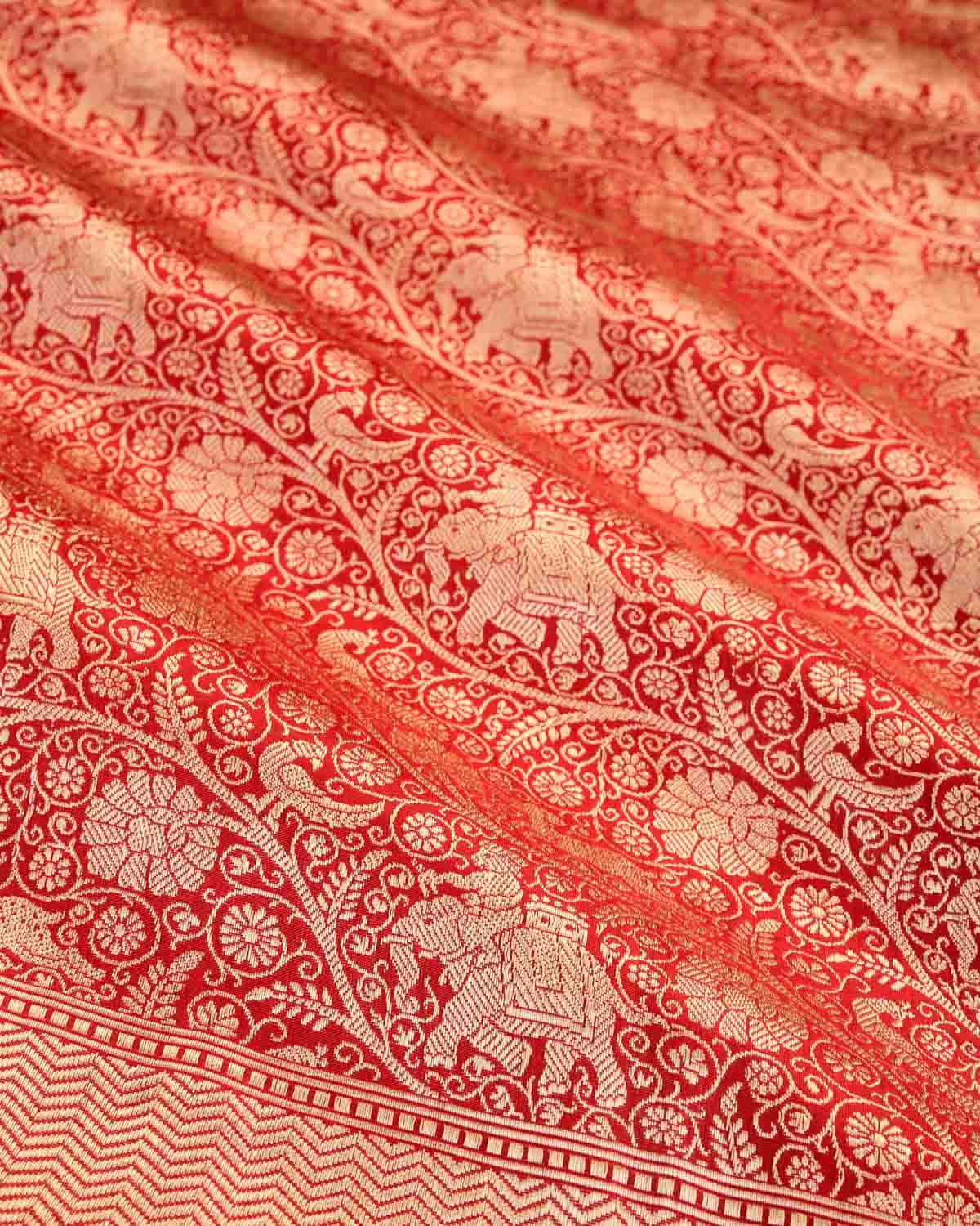Red Banarasi Elephant Deer Peacock & Maharaja Shikargah Brocade Handwoven Katan Silk Saree-HolyWeaves