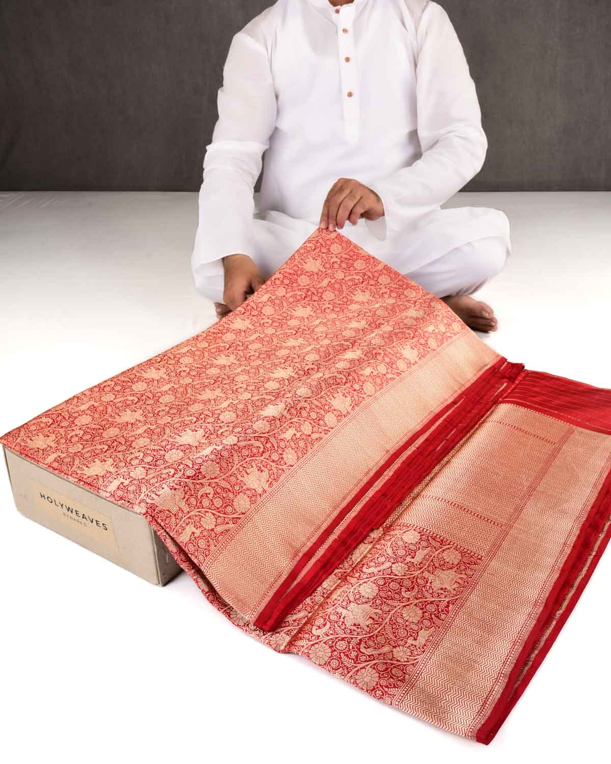 Red Banarasi Elephant Deer Peacock & Maharaja Shikargah Brocade Handwoven Katan Silk Saree-HolyWeaves