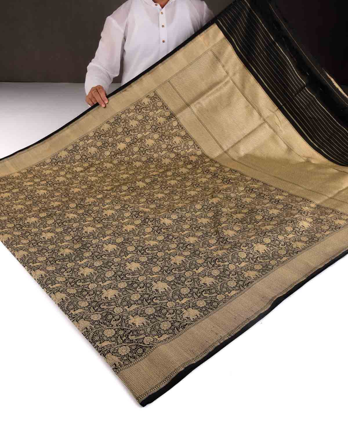 Black Banarasi Elephant Deer Peacock & Maharaja Shikargah Brocade Handwoven Katan Silk Saree-HolyWeaves