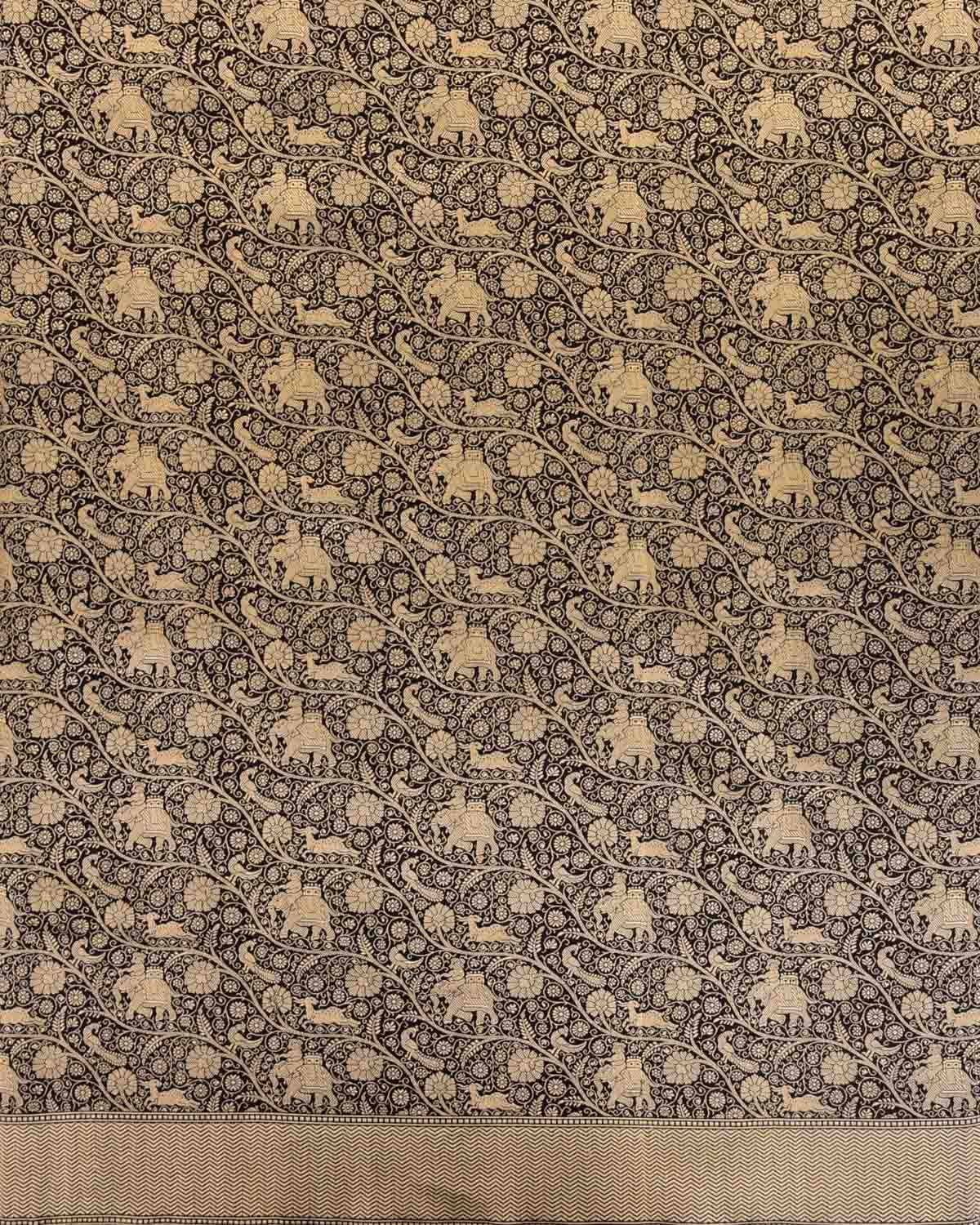 Black Banarasi Elephant Deer Peacock & Maharaja Shikargah Brocade Handwoven Katan Silk Saree-HolyWeaves