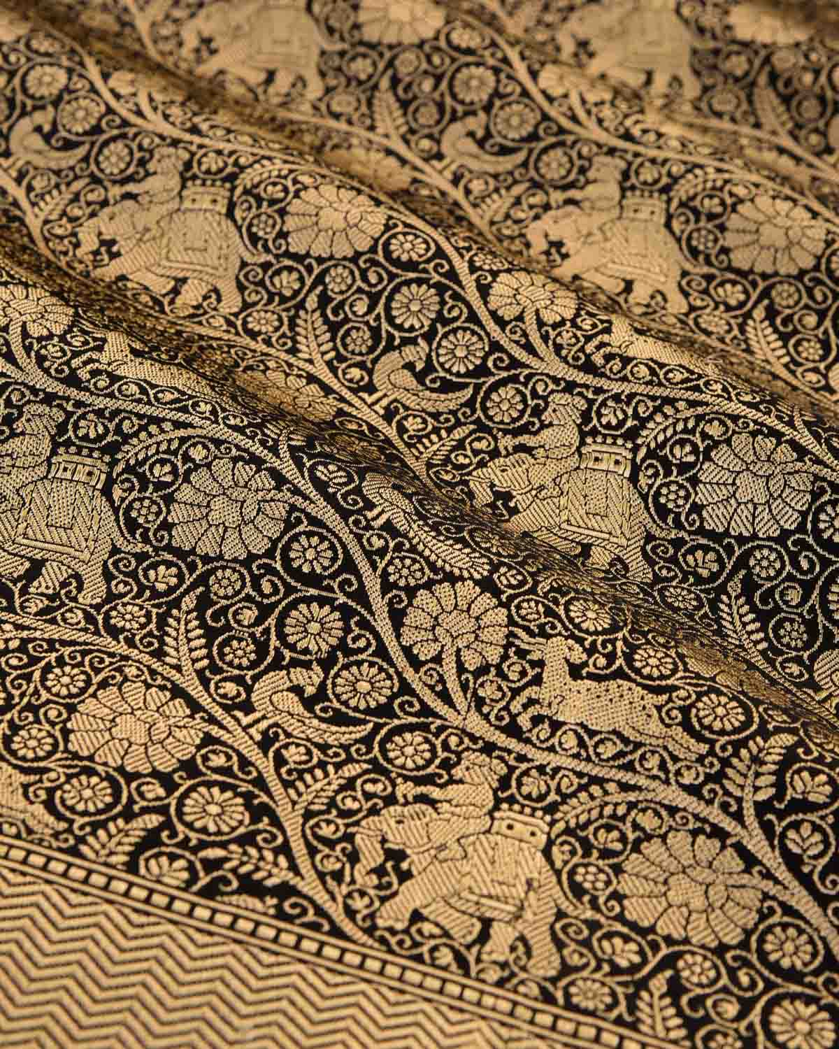 Black Banarasi Elephant Deer Peacock & Maharaja Shikargah Brocade Handwoven Katan Silk Saree-HolyWeaves