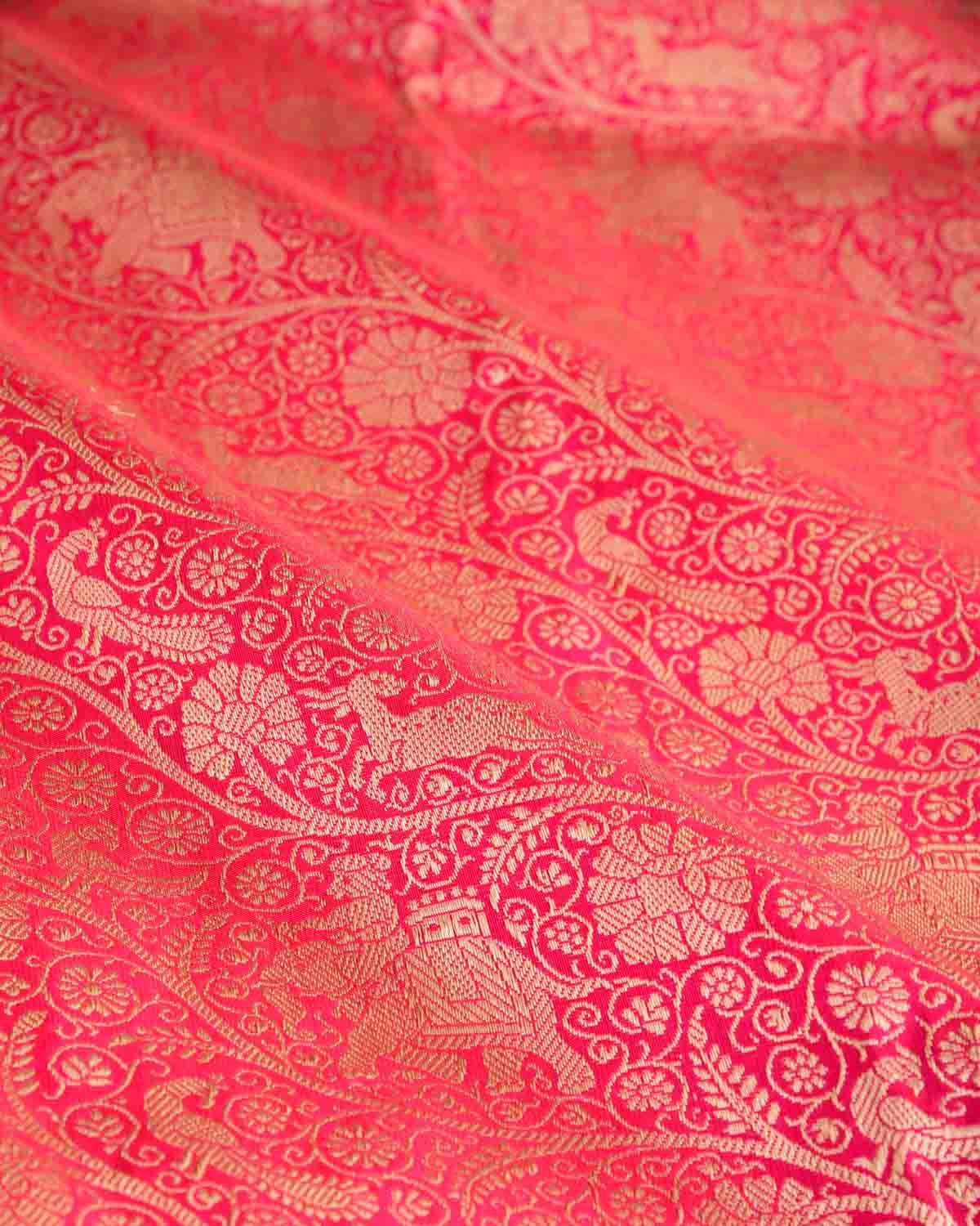Shot Red-Pink Elephant Deer Peacock & Maharaja Shikargah Brocade Handwoven Katan Silk Banarasi Saree-HolyWeaves