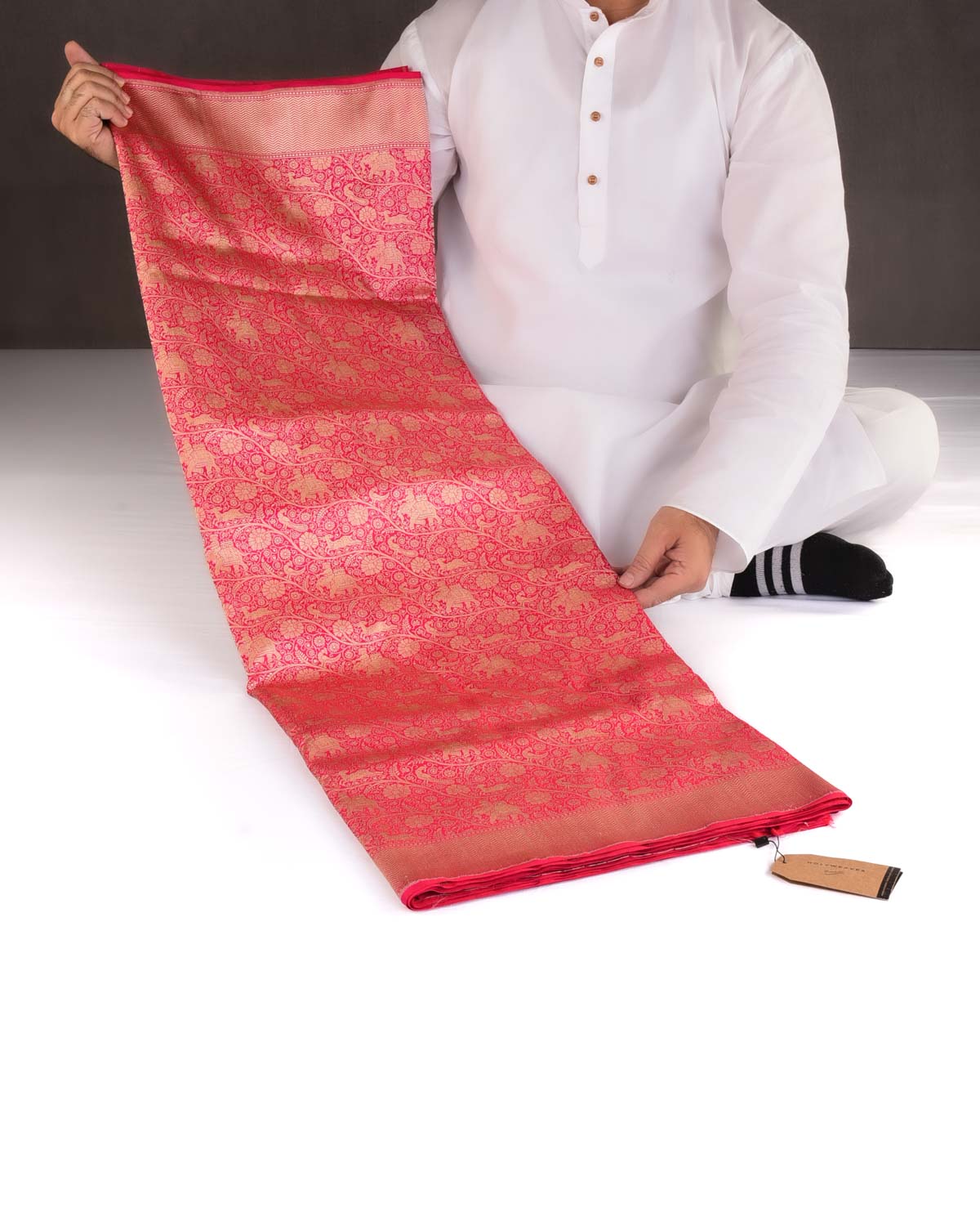 Shot Red-Pink Elephant Deer Peacock & Maharaja Shikargah Brocade Handwoven Katan Silk Banarasi Saree-HolyWeaves