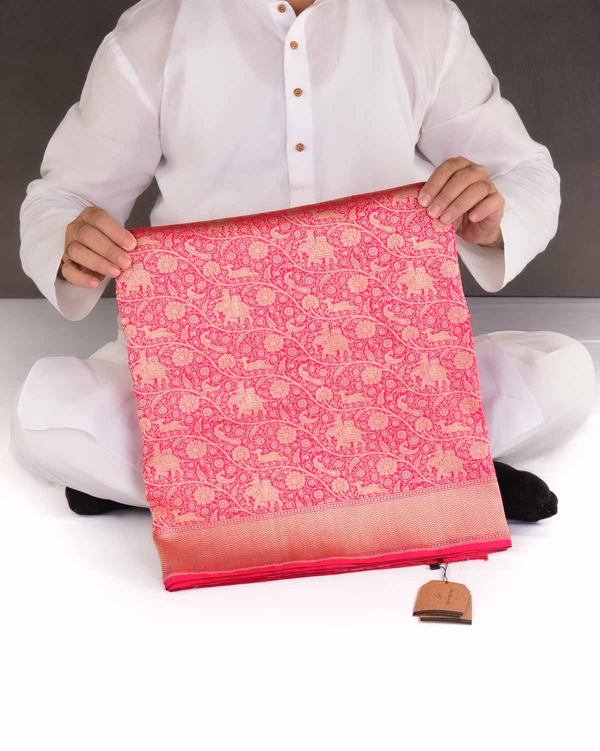 Shot Red-Pink Elephant Deer Peacock & Maharaja Shikargah Brocade Handwoven Katan Silk Banarasi Saree-HolyWeaves