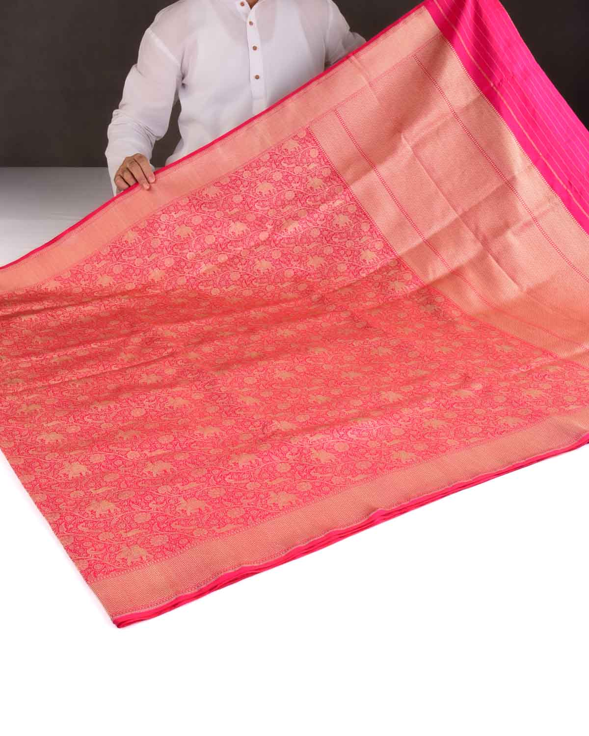 Shot Red-Pink Elephant Deer Peacock & Maharaja Shikargah Brocade Handwoven Katan Silk Banarasi Saree-HolyWeaves
