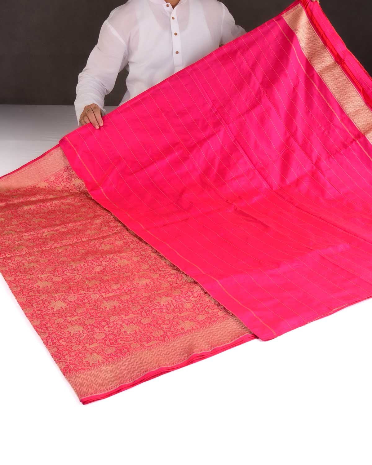 Shot Red-Pink Elephant Deer Peacock & Maharaja Shikargah Brocade Handwoven Katan Silk Banarasi Saree-HolyWeaves