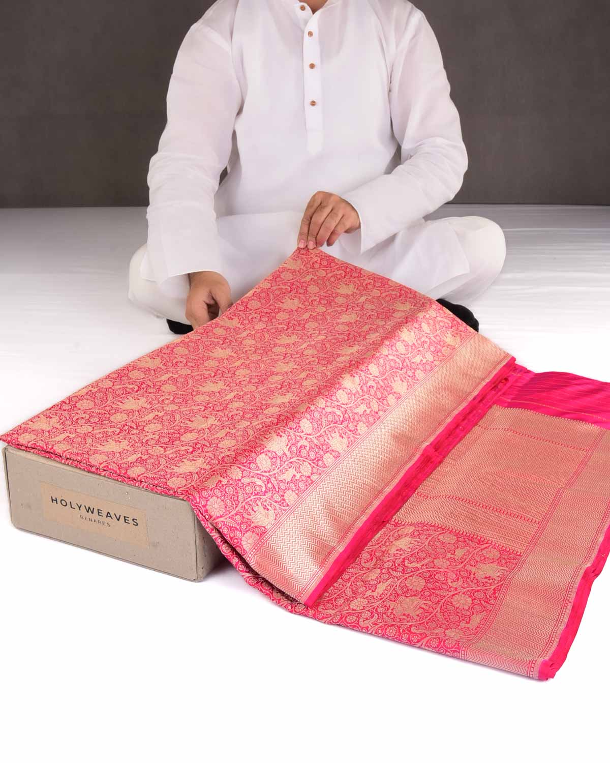 Shot Red-Pink Elephant Deer Peacock & Maharaja Shikargah Brocade Handwoven Katan Silk Banarasi Saree-HolyWeaves