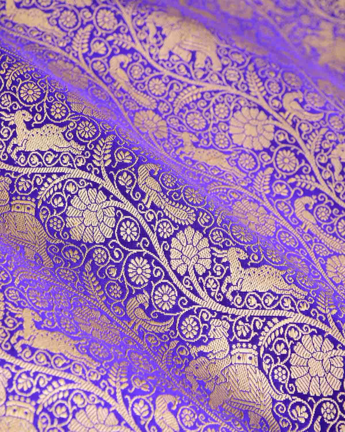 Indigo Elephant Deer Peacock & Maharaja Shikargah Brocade Handwoven Katan Silk Banarasi Saree-HolyWeaves