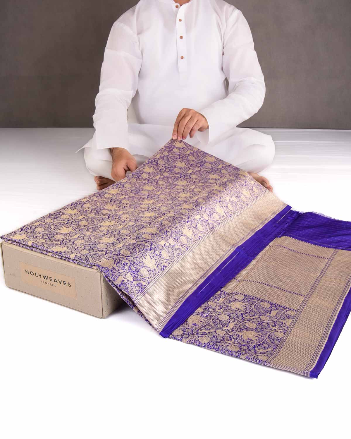 Indigo Elephant Deer Peacock & Maharaja Shikargah Brocade Handwoven Katan Silk Banarasi Saree-HolyWeaves