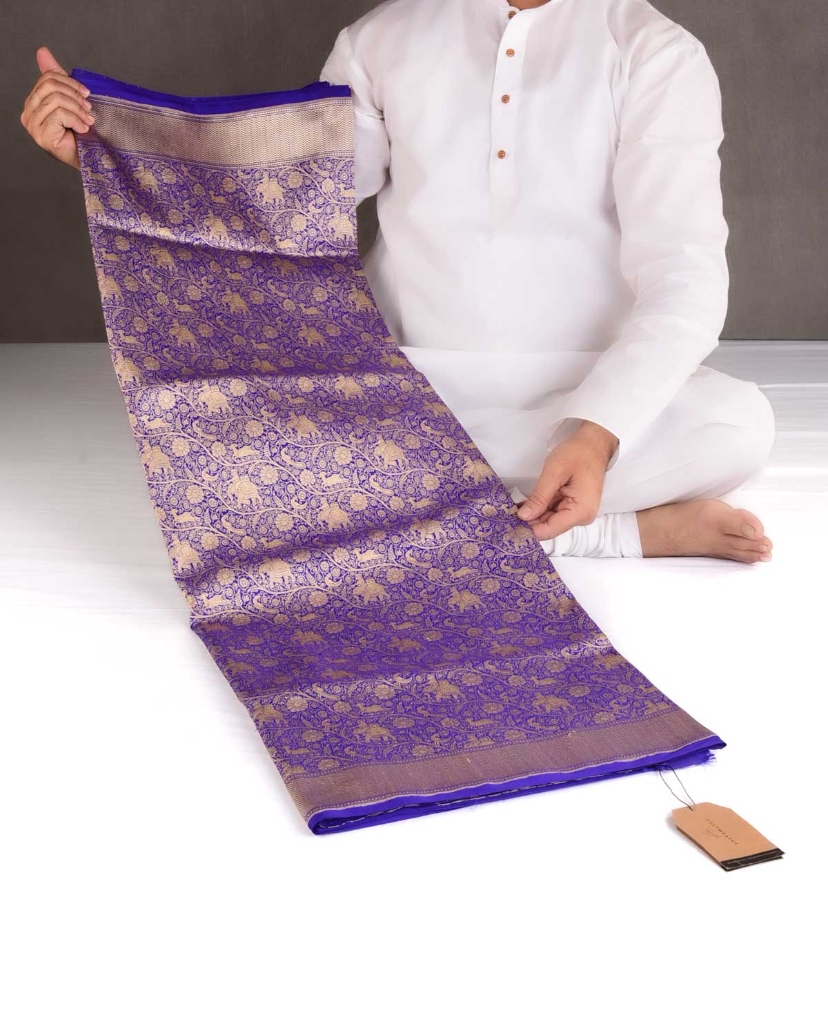 Indigo Elephant Deer Peacock & Maharaja Shikargah Brocade Handwoven Katan Silk Banarasi Saree-HolyWeaves