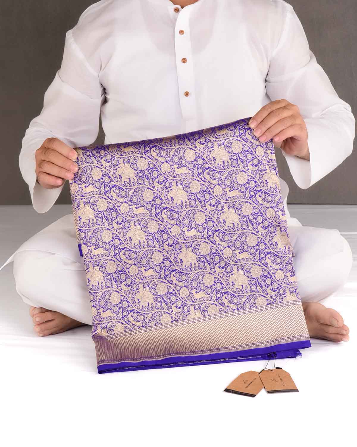 Indigo Elephant Deer Peacock & Maharaja Shikargah Brocade Handwoven Katan Silk Banarasi Saree-HolyWeaves