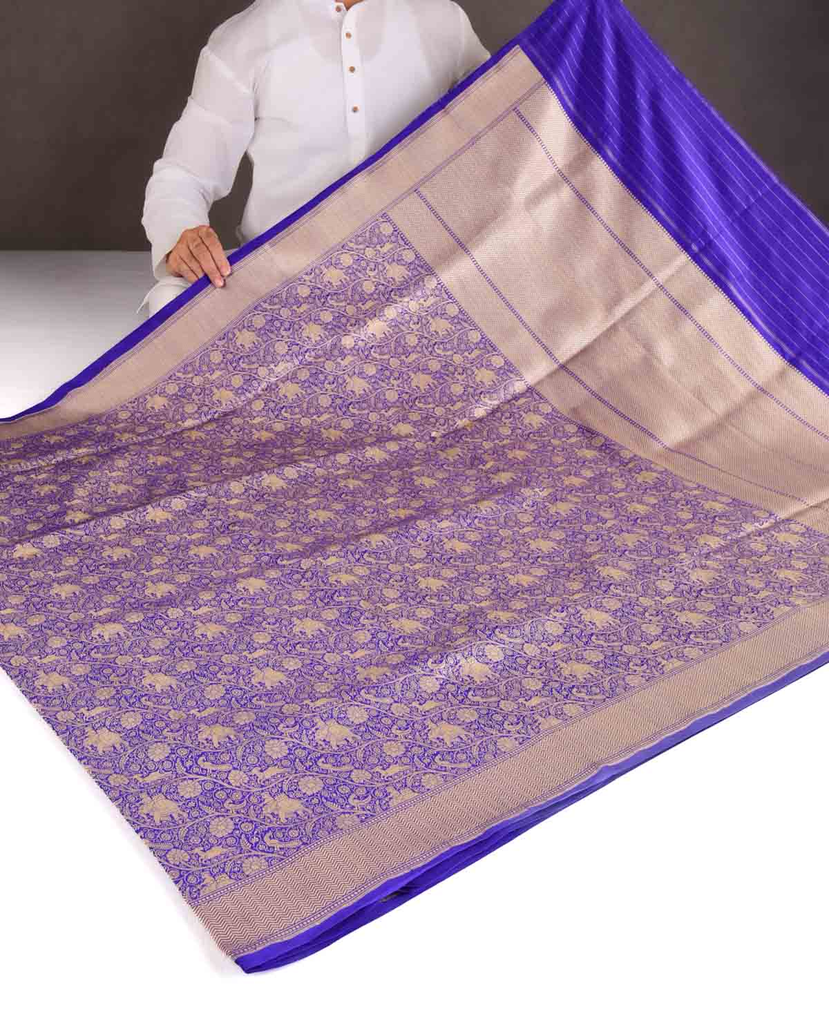 Indigo Elephant Deer Peacock & Maharaja Shikargah Brocade Handwoven Katan Silk Banarasi Saree-HolyWeaves