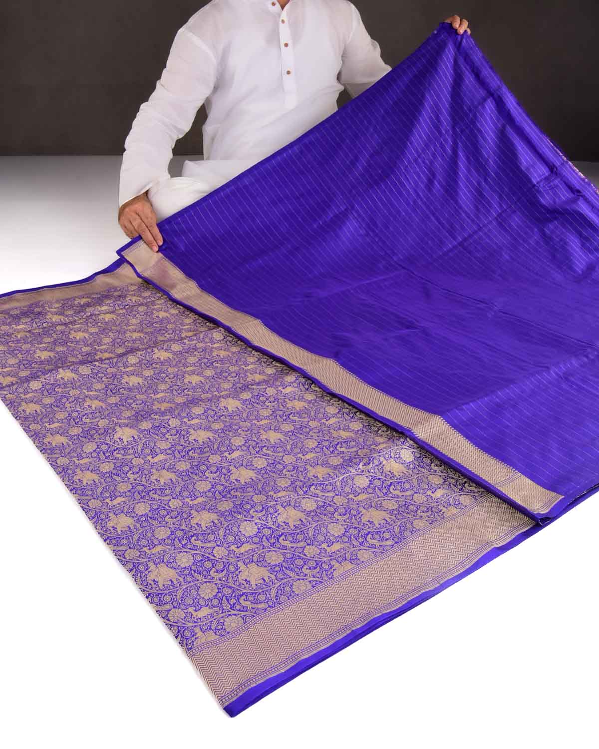 Indigo Elephant Deer Peacock & Maharaja Shikargah Brocade Handwoven Katan Silk Banarasi Saree-HolyWeaves