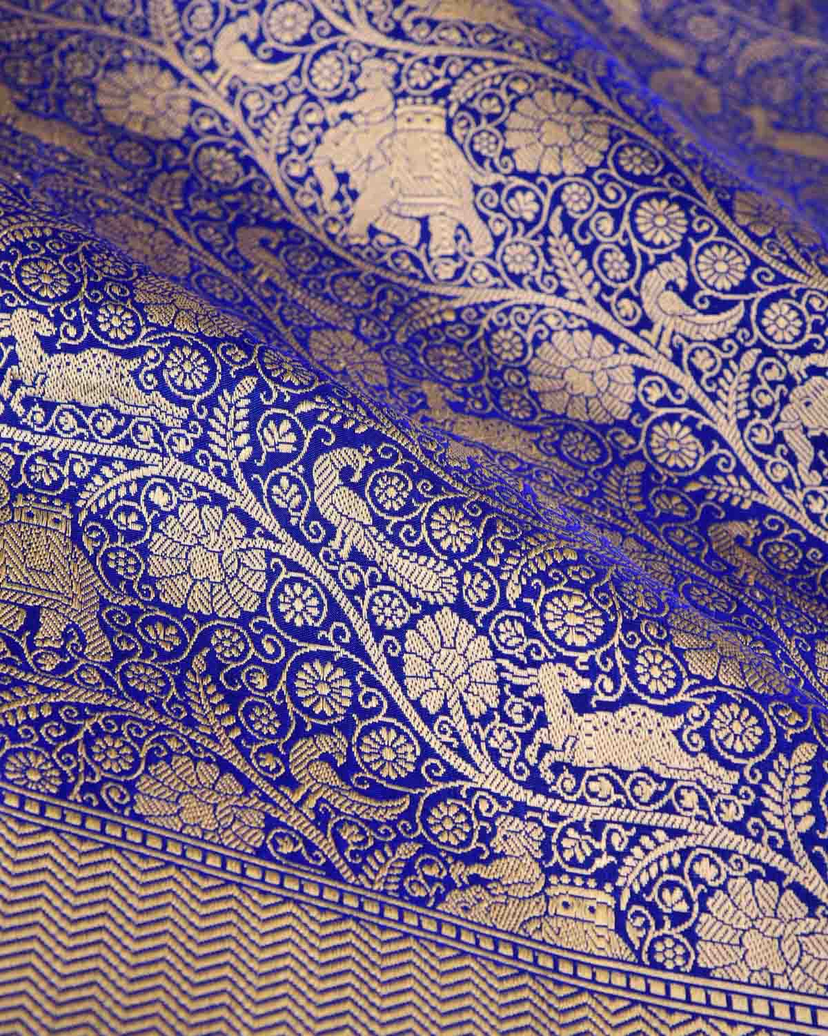 Royal Blue Elephant Deer Peacock & Maharaja Shikargah Brocade Handwoven Katan Silk Banarasi Saree-HolyWeaves