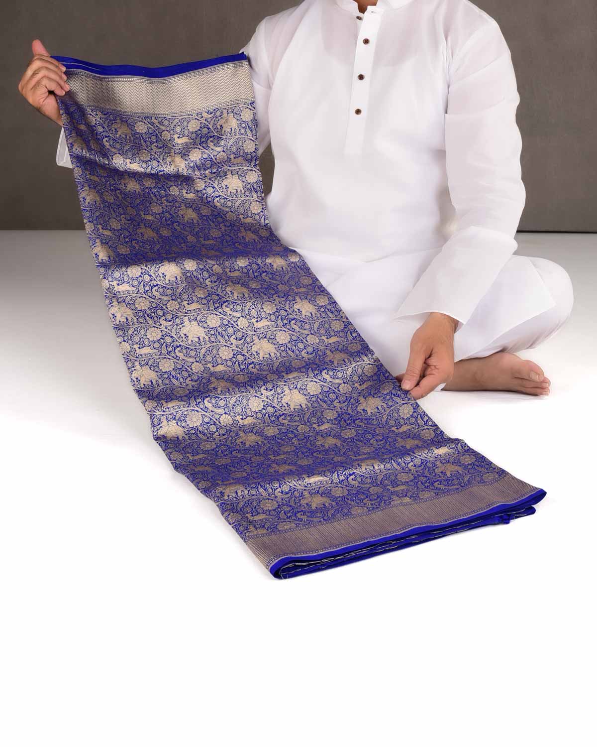 Royal Blue Elephant Deer Peacock & Maharaja Shikargah Brocade Handwoven Katan Silk Banarasi Saree-HolyWeaves