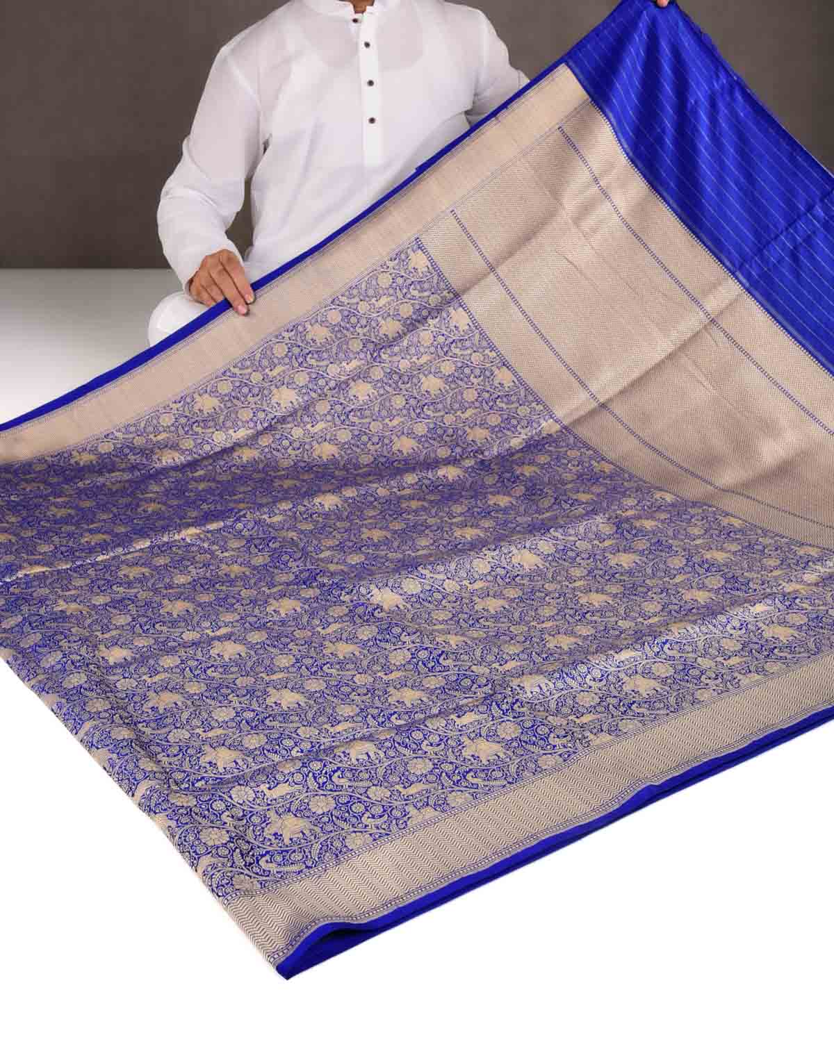 Royal Blue Elephant Deer Peacock & Maharaja Shikargah Brocade Handwoven Katan Silk Banarasi Saree-HolyWeaves