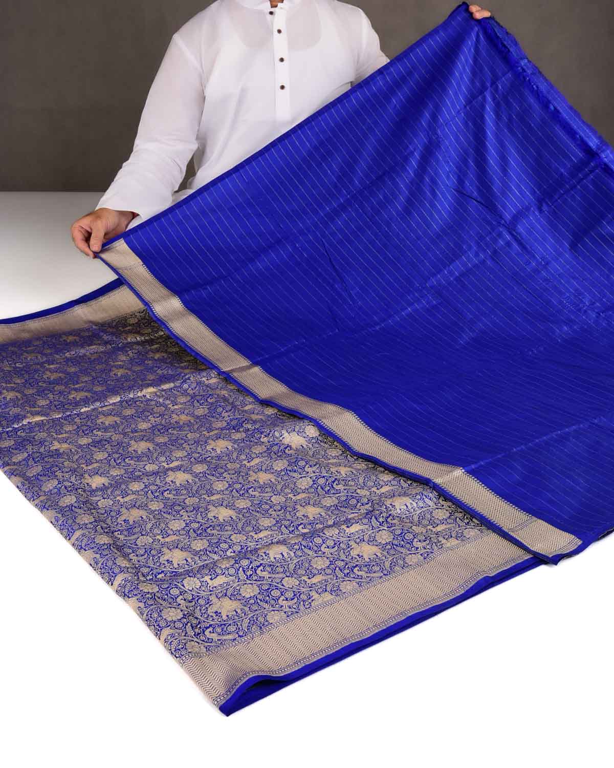 Royal Blue Elephant Deer Peacock & Maharaja Shikargah Brocade Handwoven Katan Silk Banarasi Saree-HolyWeaves
