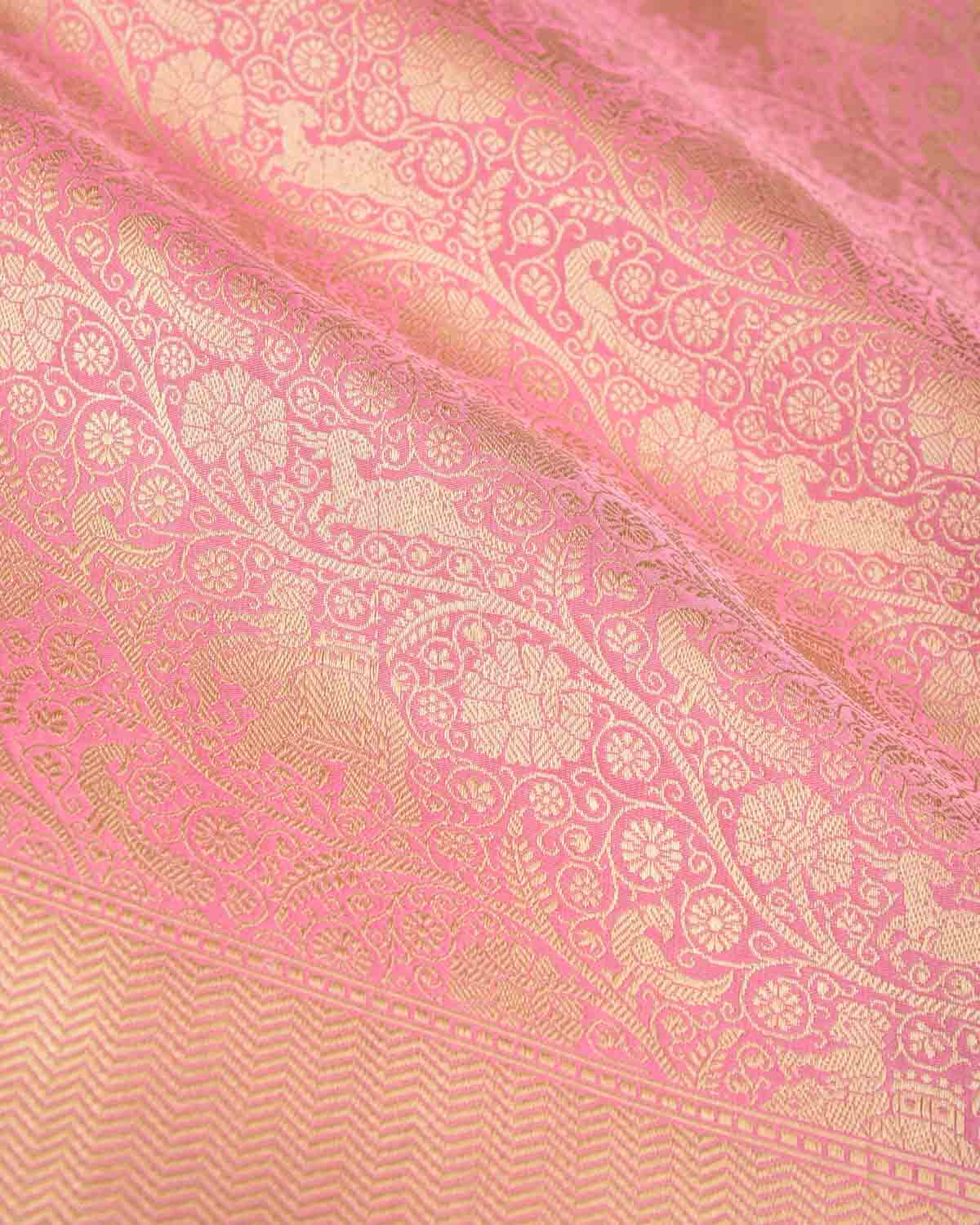 Light Coral Pink Elephant Deer Peacock & Maharaja Shikargah Brocade Handwoven Katan Silk Banarasi Saree-HolyWeaves