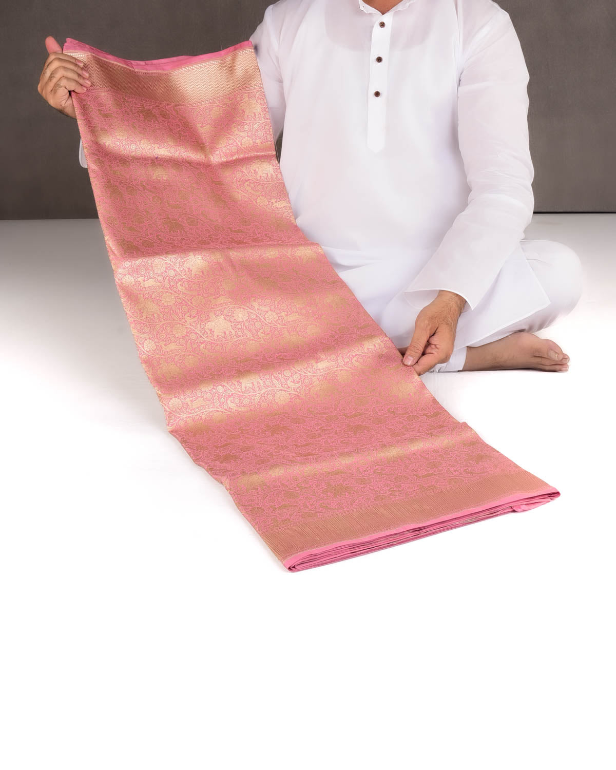 Light Coral Pink Elephant Deer Peacock & Maharaja Shikargah Brocade Handwoven Katan Silk Banarasi Saree-HolyWeaves