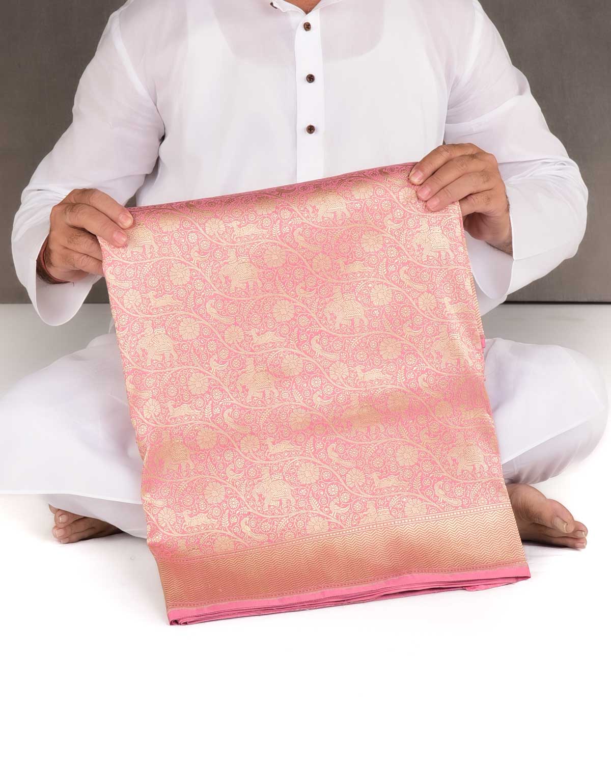 Light Coral Pink Elephant Deer Peacock & Maharaja Shikargah Brocade Handwoven Katan Silk Banarasi Saree-HolyWeaves