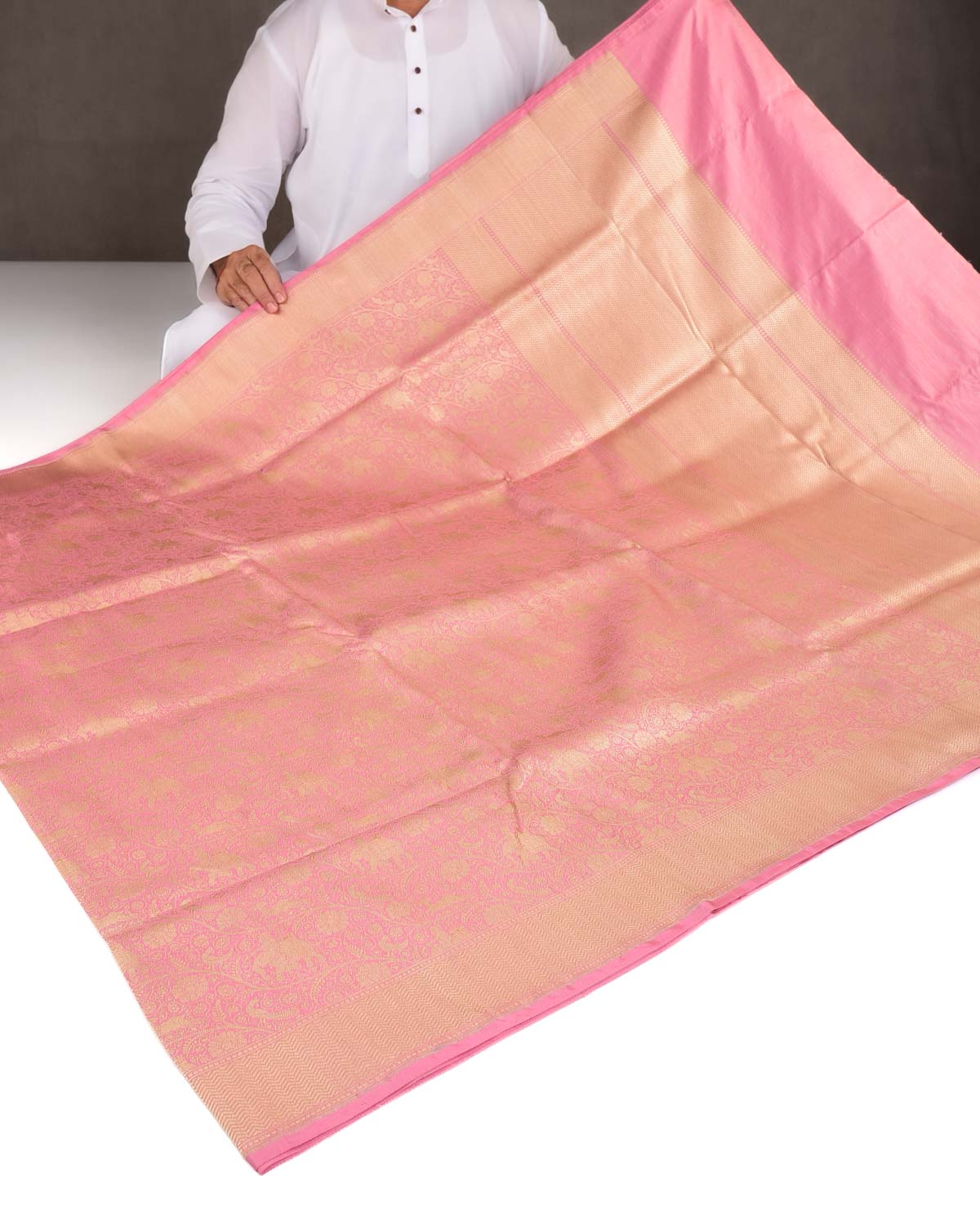 Light Coral Pink Elephant Deer Peacock & Maharaja Shikargah Brocade Handwoven Katan Silk Banarasi Saree-HolyWeaves