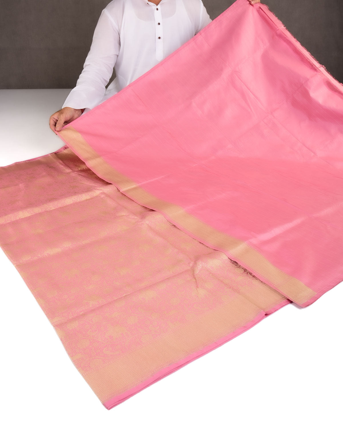 Light Coral Pink Elephant Deer Peacock & Maharaja Shikargah Brocade Handwoven Katan Silk Banarasi Saree-HolyWeaves