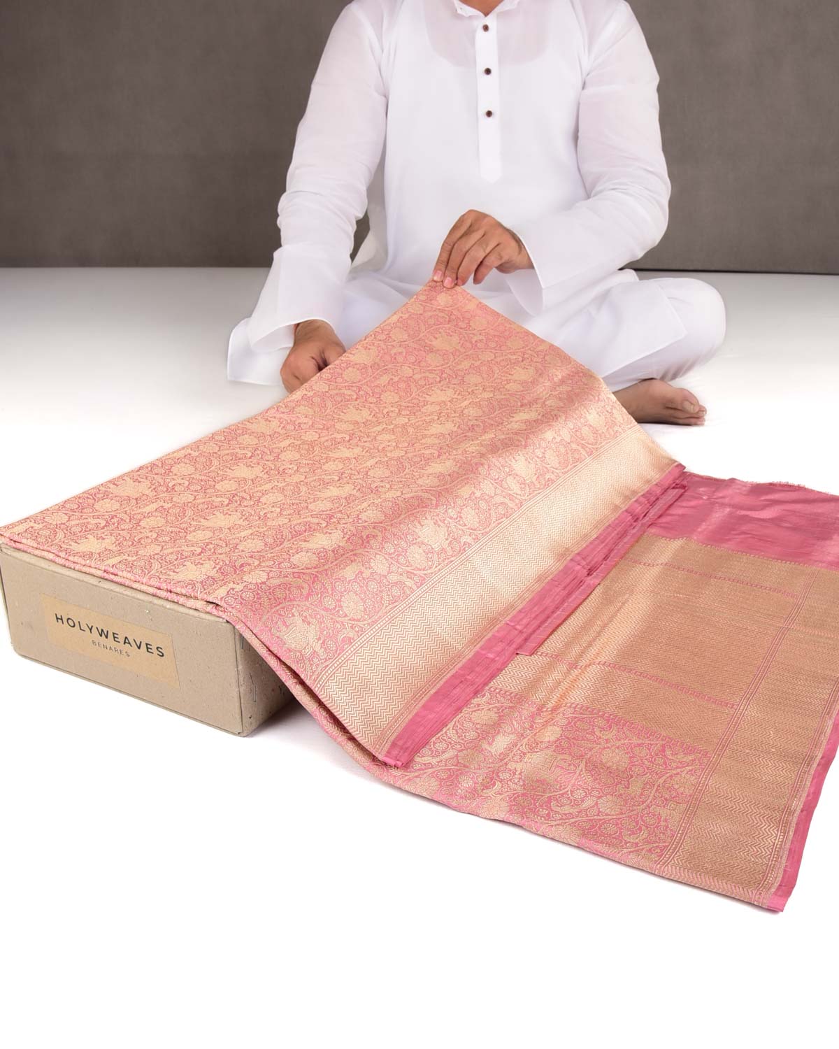 Light Coral Pink Elephant Deer Peacock & Maharaja Shikargah Brocade Handwoven Katan Silk Banarasi Saree-HolyWeaves