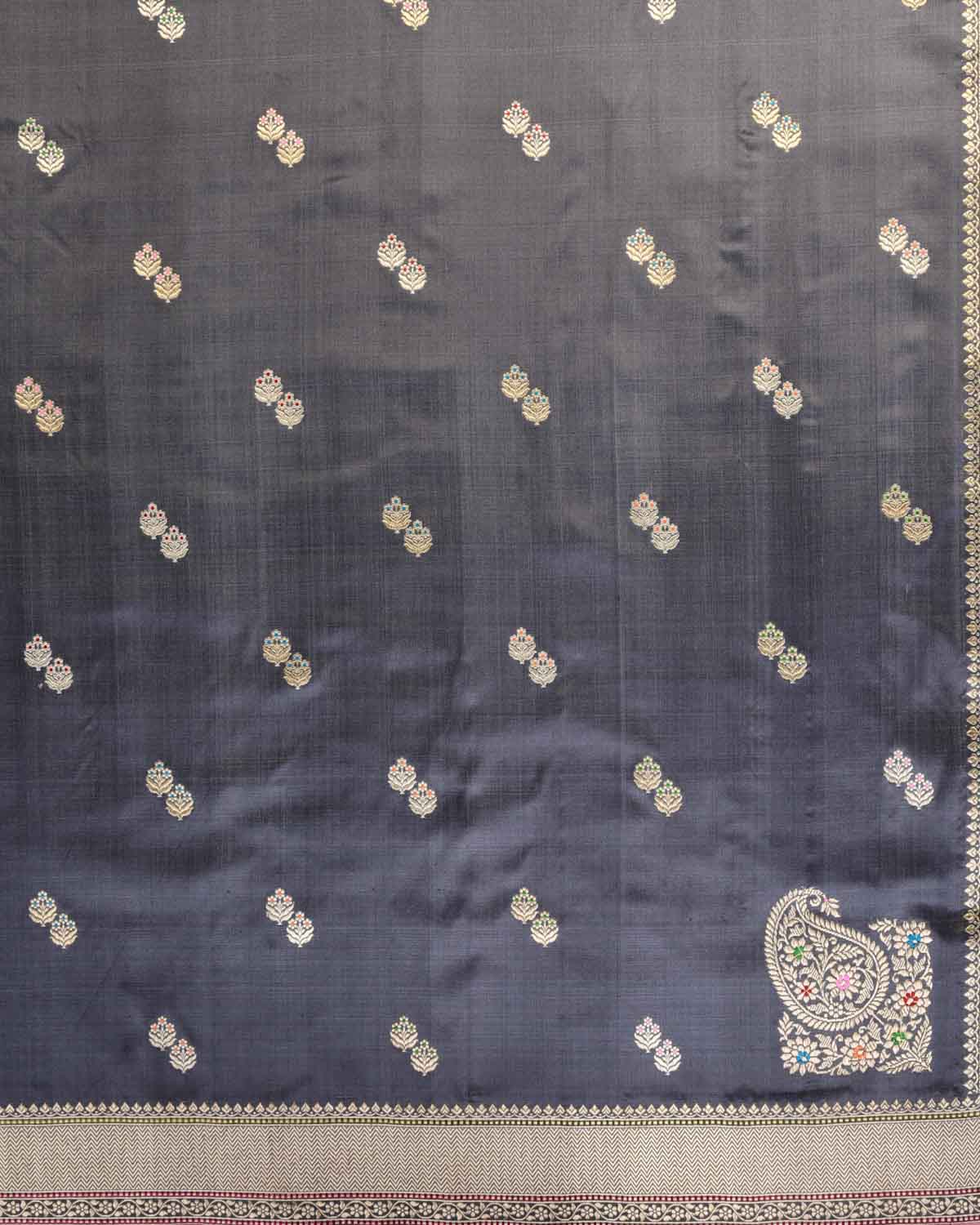 Gray Banarasi Gold & Silver Zari Alfi Meena Duet Buti Kadhuan Brocade Handwoven Katan Silk Saree with Meenekari Koniya Buta-HolyWeaves