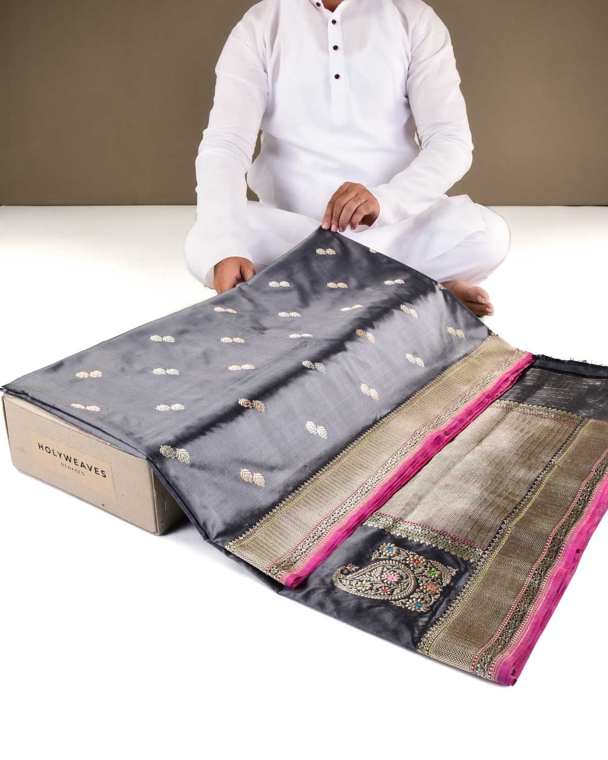 Gray Banarasi Gold & Silver Zari Alfi Meena Duet Buti Kadhuan Brocade Handwoven Katan Silk Saree with Meenekari Koniya Buta-HolyWeaves