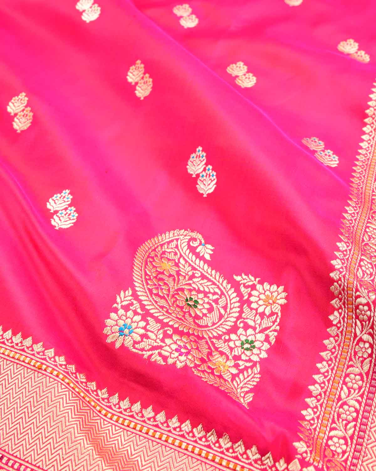 Shot Red-Pink Banarasi Gold Zari & Meena Duet Buti Kadhuan Brocade Handwoven Katan Silk Saree with Koniya Buta-HolyWeaves