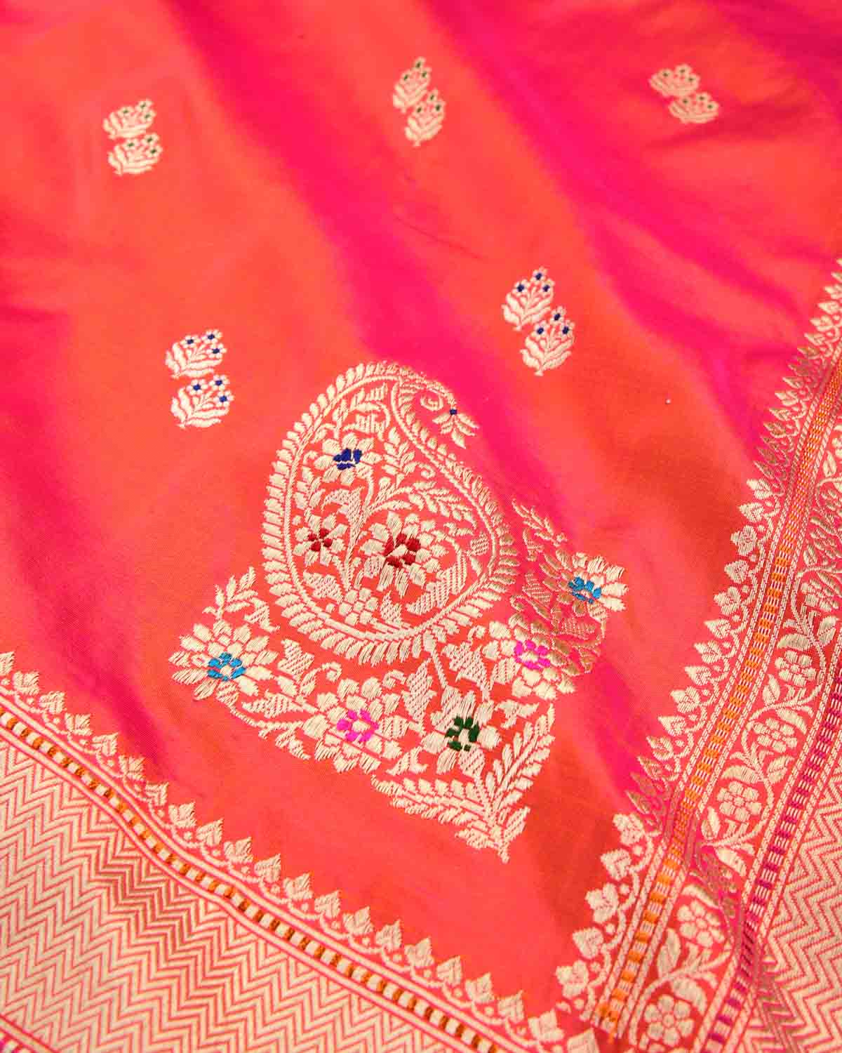 Shot Pink-Orange Banarasi Gold Zari & Meena Duet Buti Kadhuan Brocade Handwoven Katan Silk Saree with Koniya Buta-HolyWeaves