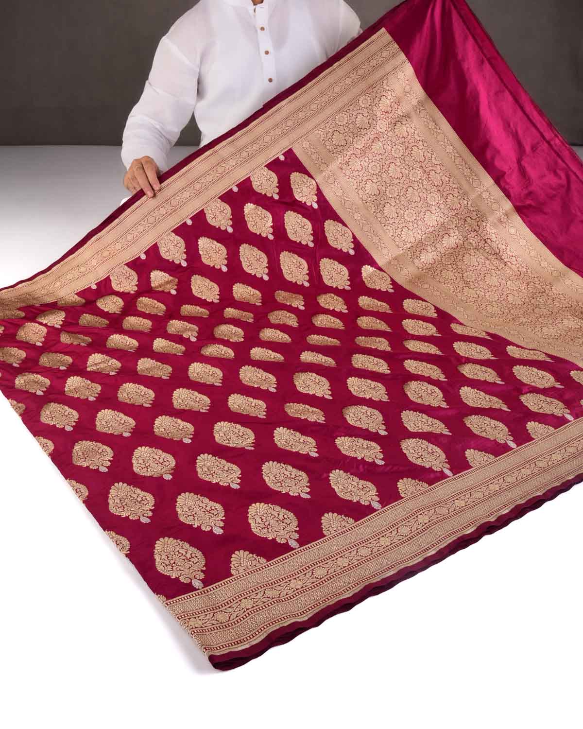 Shot Magenta Gold & Silver Zari Alfi Buta Cutwork Brocade Handwoven Katan Silk Banarasi Saree-HolyWeaves