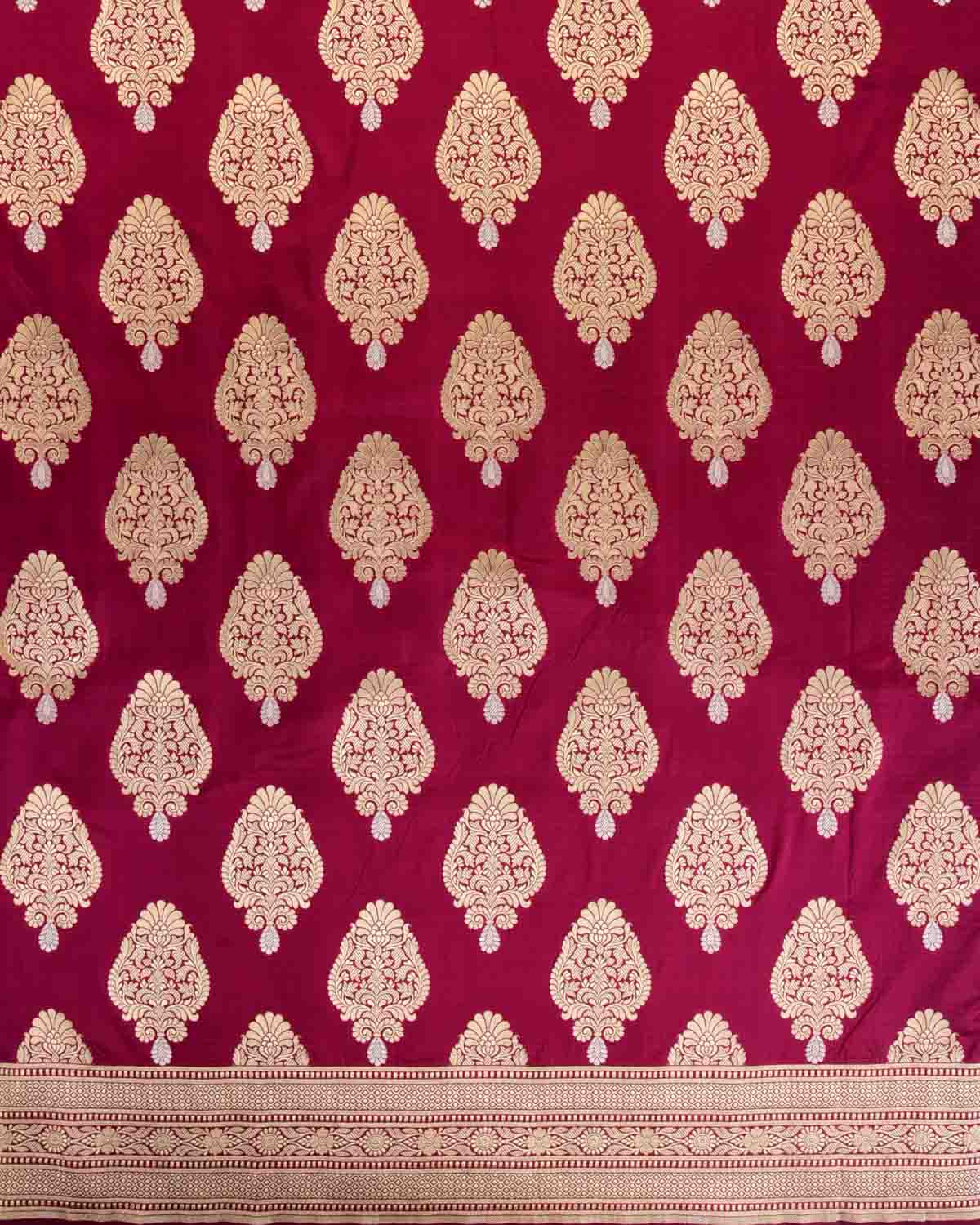 Shot Magenta Gold & Silver Zari Alfi Buta Cutwork Brocade Handwoven Katan Silk Banarasi Saree-HolyWeaves