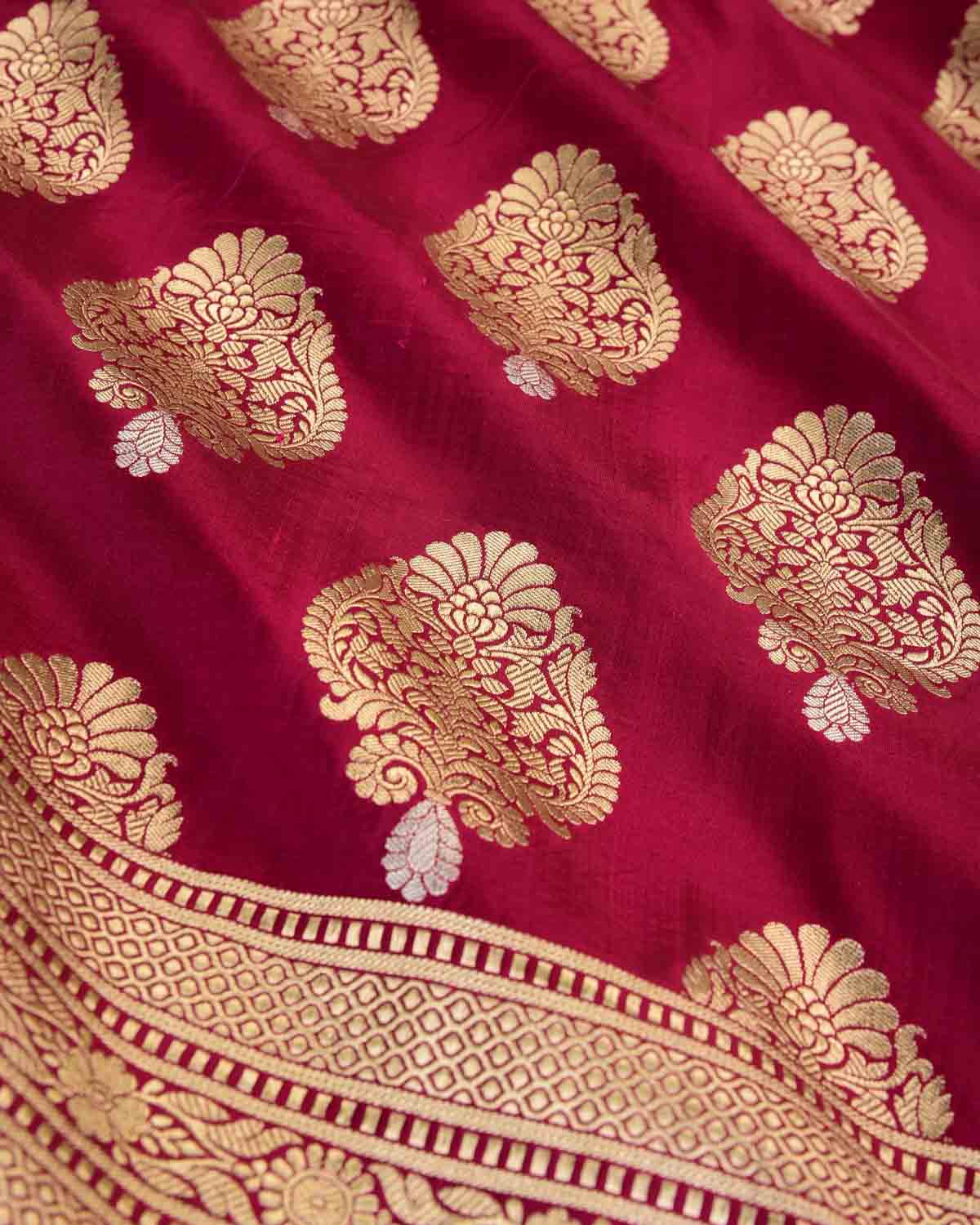 Shot Magenta Gold & Silver Zari Alfi Buta Cutwork Brocade Handwoven Katan Silk Banarasi Saree-HolyWeaves