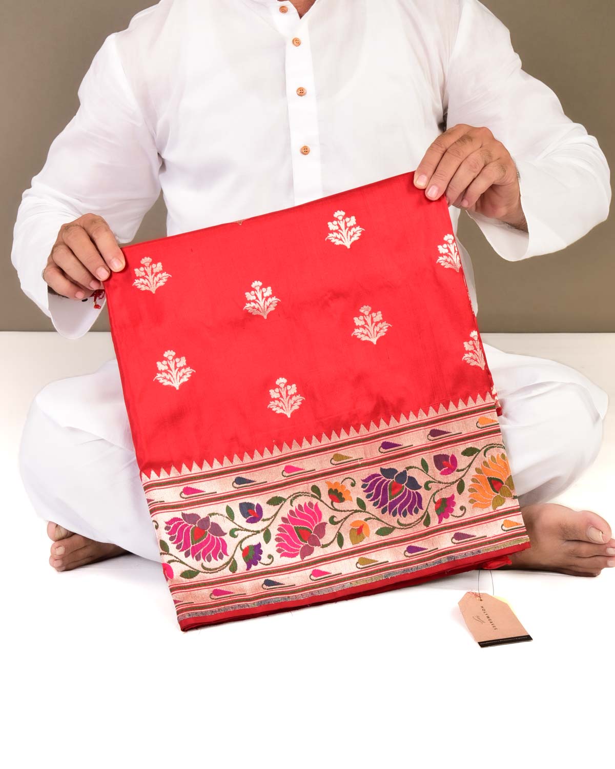 Red Banarasi Paithani Brocade Handwoven Katan Silk Saree-HolyWeaves