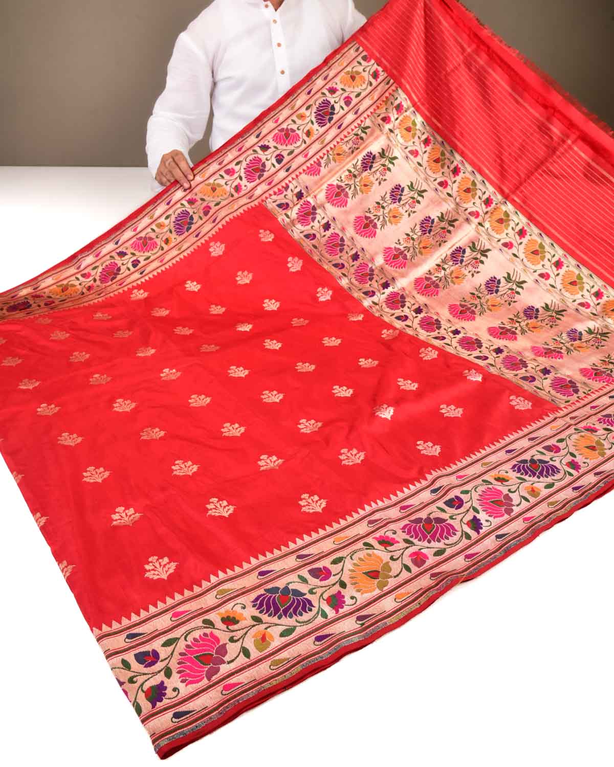 Red Banarasi Paithani Brocade Handwoven Katan Silk Saree-HolyWeaves