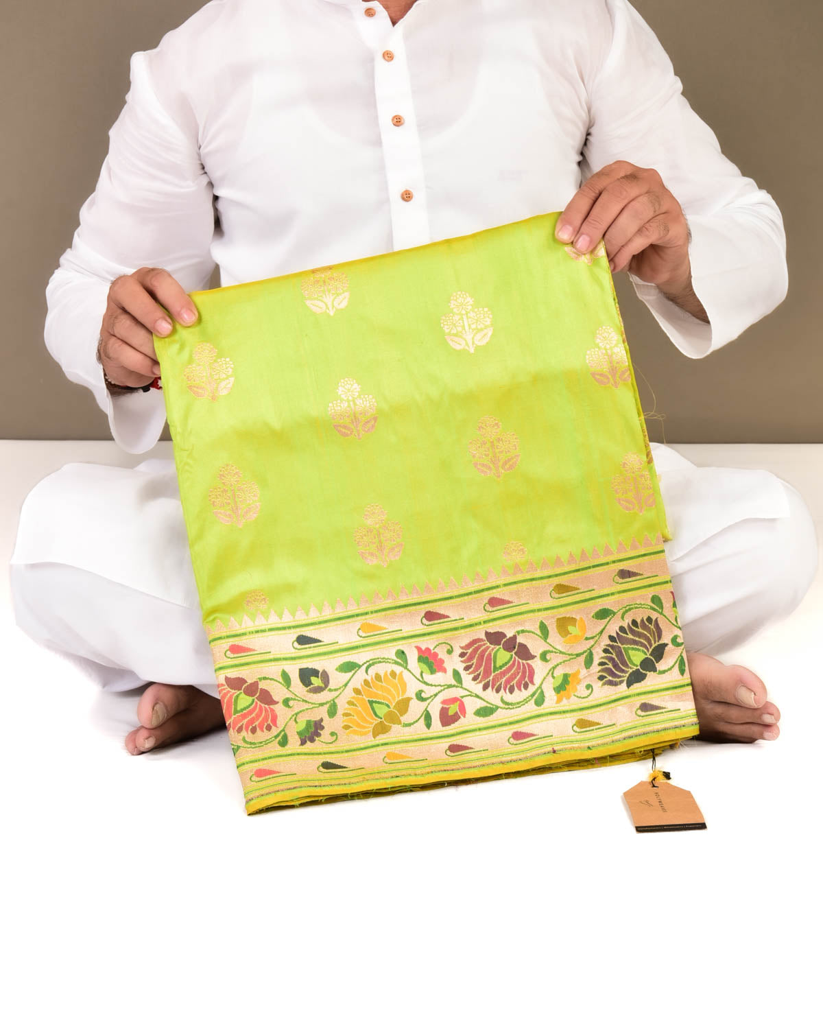 Sunny Green Banarasi Paithani Brocade Handwoven Katan Silk Saree-HolyWeaves