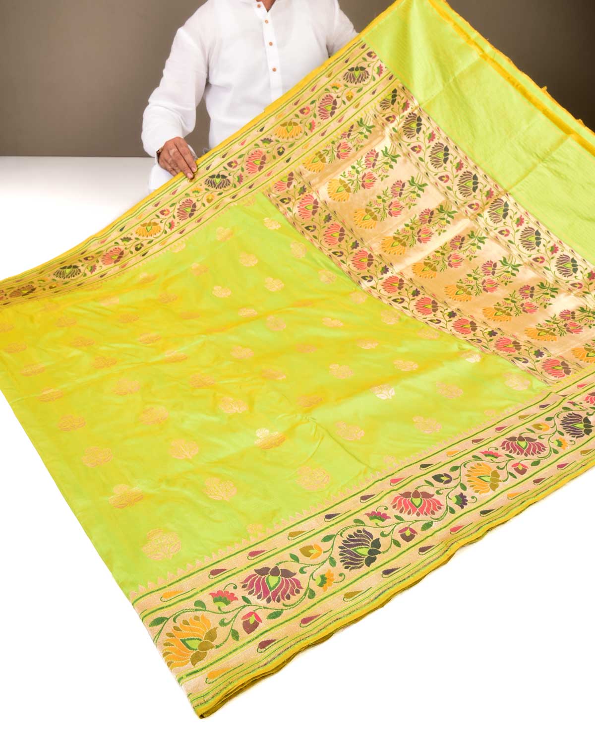Sunny Green Banarasi Paithani Brocade Handwoven Katan Silk Saree-HolyWeaves